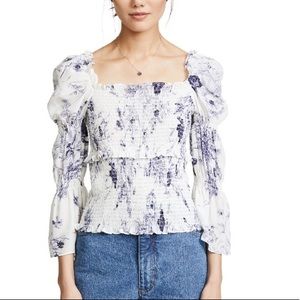 Cinq a Sept White + Blue Floral Toile Inspired Smocked Top